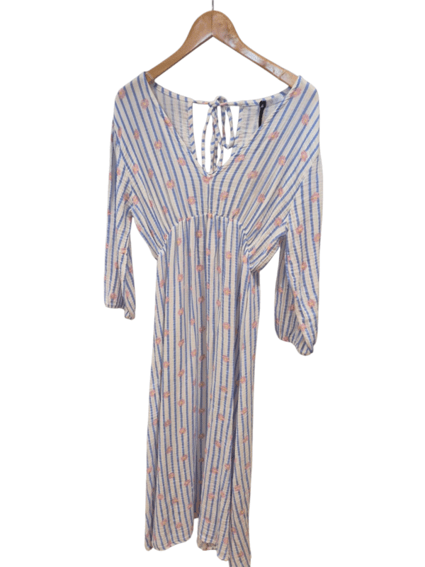 Blue stripe and floral print midi dress with tie back