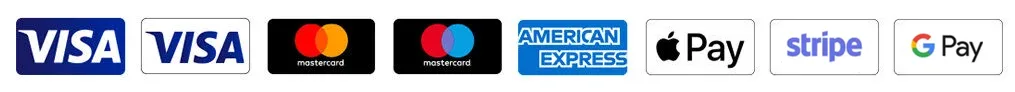 Accepted payment methods including Visa, Mastercard, American Express, Apple Pay, Google Pay, and Stripe