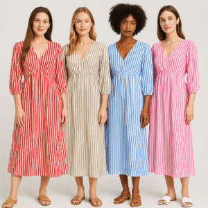 Four women wearing V-neck, three-quarter sleeve, midi striped dresses in red, beige, blue, and pink.