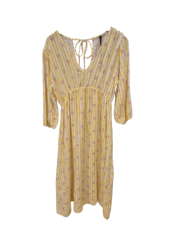 Yellow striped midi dress with pink floral accents and a tie-back detail