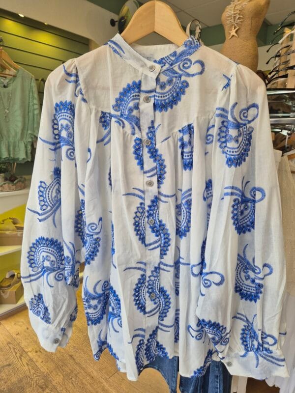 Paisley Print Embroidered Grandad Collar Cotton Shirt
