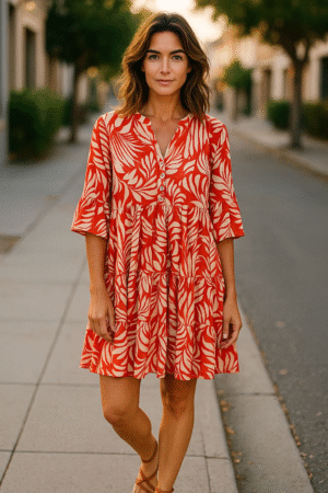 Woman wearing a red and beige floral tiered button dress from SageBay & Co walking on a city street
