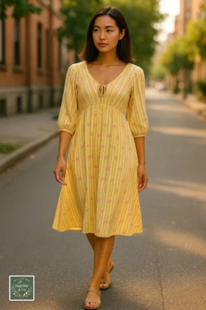 Woman wearing a yellow and white striped midi dress with a tie-front neckline from SageBay & Co, walking down a sunlit street