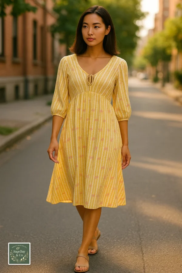 Woman wearing a yellow and white striped midi dress with a tie-front neckline from SageBay & Co, walking down a sunlit street