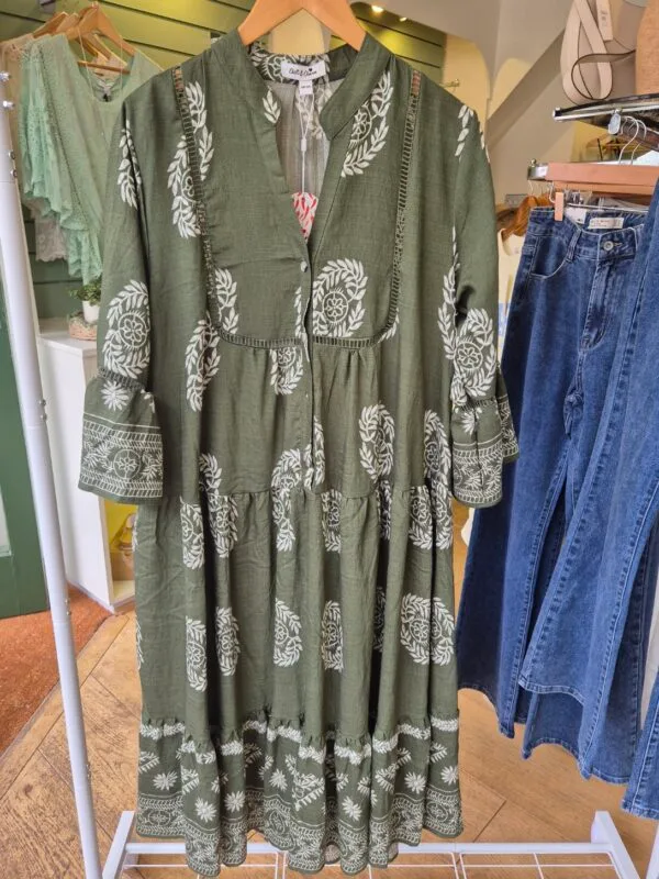 Khaki green printed tiered dress