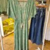V-neck maxi green dress with damask print