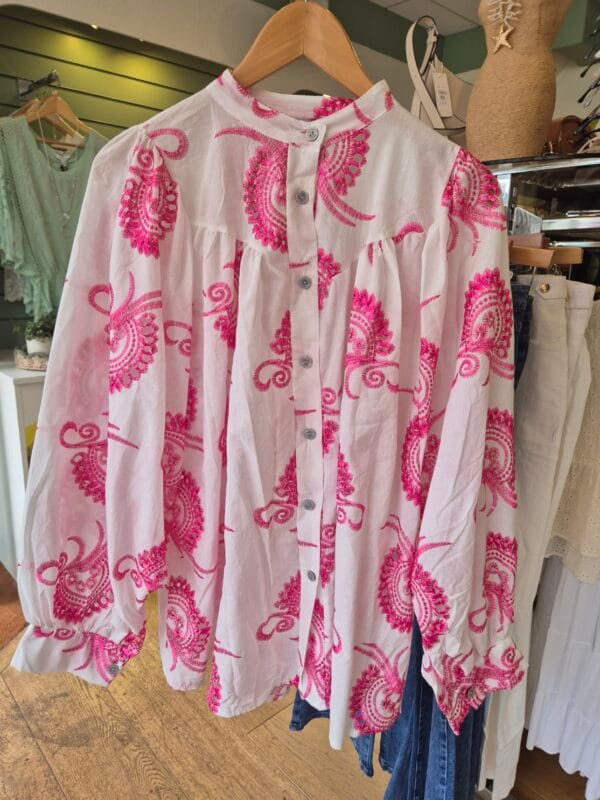 Paisley Print Embroidered Grandad Collar Cotton Shirt