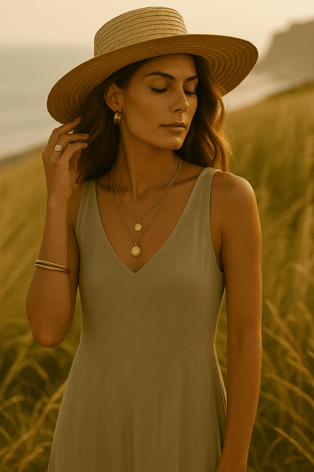 Yellow linen-cotton V neck pocket top worn by a casually dressed middle-aged woman