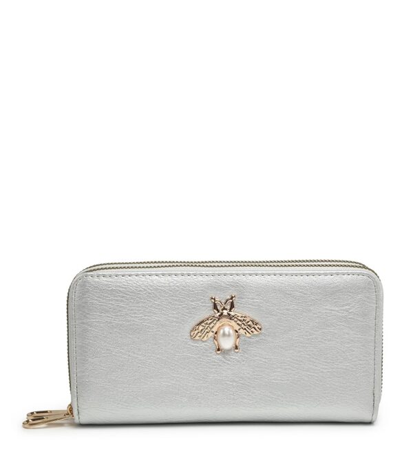Silver faux leather wallet with gold bee and pearl detail