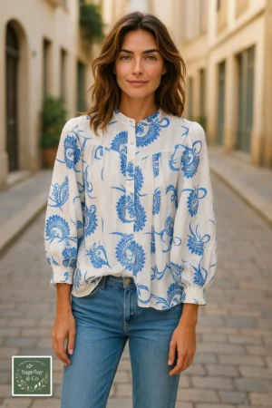 Woman wearing a white blouse with blue paisley print and grandad collar from SageBay & Co, styled with jeans on a cobbled street