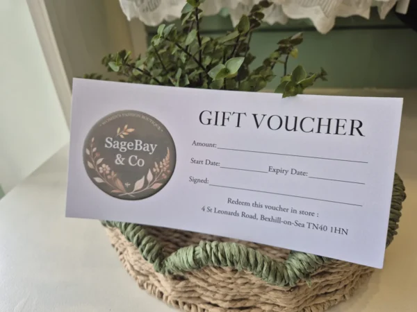 SageBay & Co physical gift voucher displayed in a woven basket with greenery