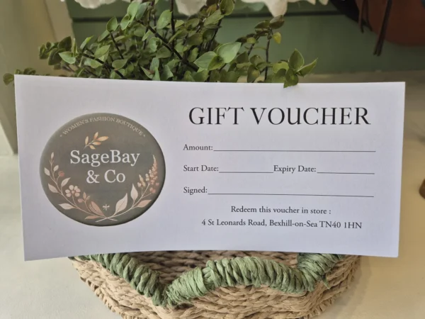 Close-up of SageBay & Co gift card showing logo and in-store redemption details