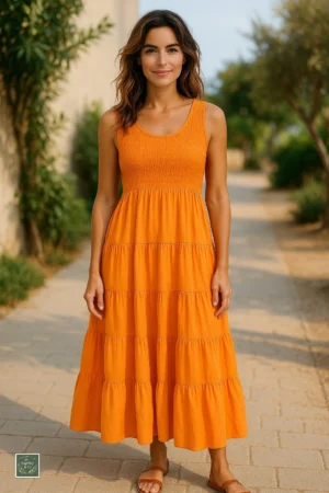 Woman wearing orange sleeveless tiered midi dress from SageBay & Co