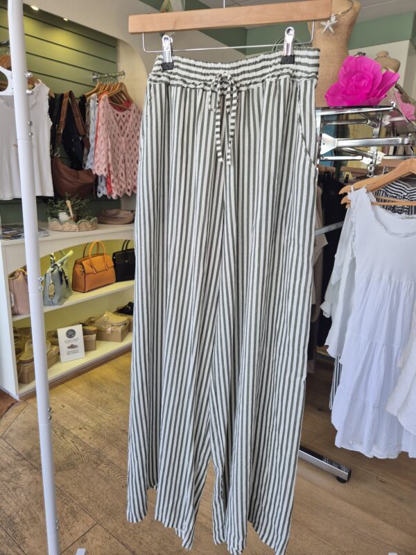 Khaki Striped Wide Leg Trousers