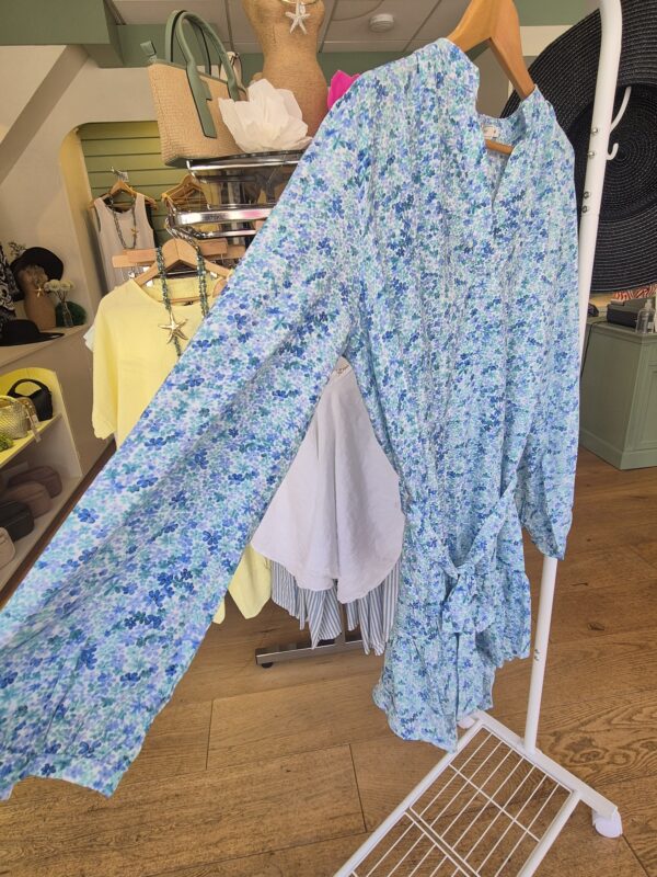 Blue Floral Tie-Waist Mini Dress
