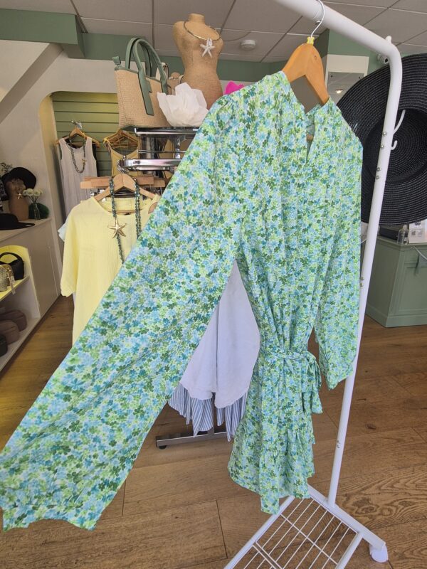 Green Floral Tie-Waist Mini Dress
