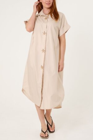 Beige Star Buttons Shirt Dress