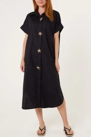 Navy Star Button Shirt Dress