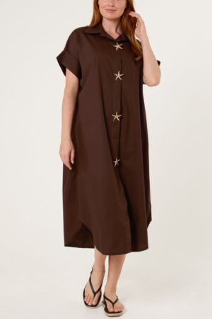 Brown Star Buttons Shirt Dress