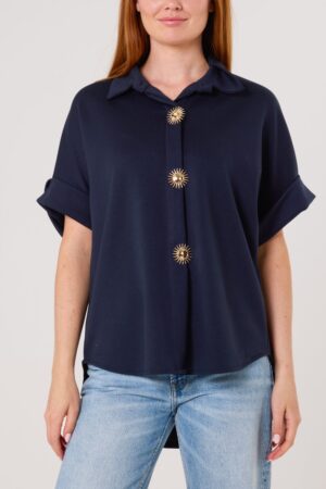 Gold Button Jersey Short Sleeve Shirt Navy