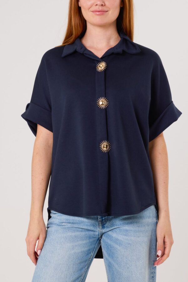 Gold Button Jersey Short Sleeve Shirt Navy