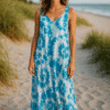 Woman wearing a blue and white tie-dye maxi beach dress on a sandy coast