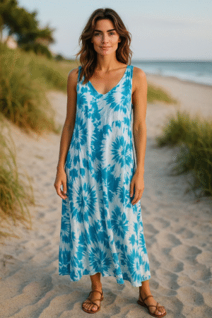 Woman wearing a blue and white tie-dye maxi beach dress on a sandy coast