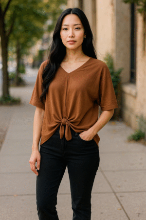 2025/07/1000320009.png Tan Tie Front V- Neck top