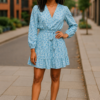 Blue Floral Tie-Waist Mini Dress