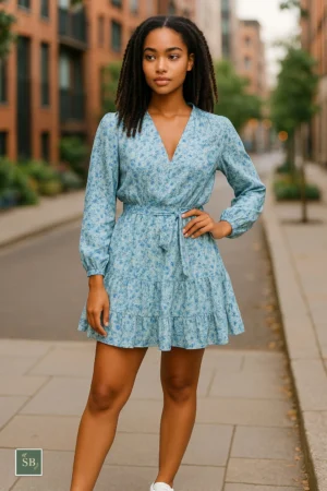 Woman wearing a blue floral long sleeve mini dress with tie waist standing in the street