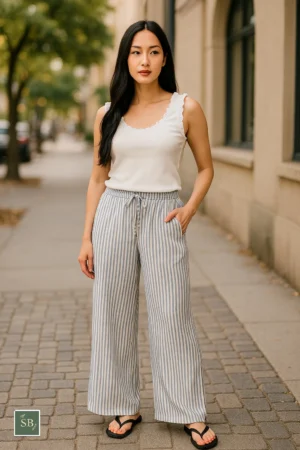 Blue & White Striped Wide-Leg Trousers
