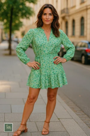 Green Floral Tie-Waist Mini Dress