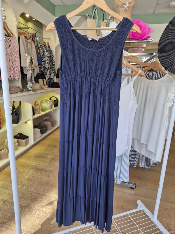 Navy Smock Tiered Midi Dress