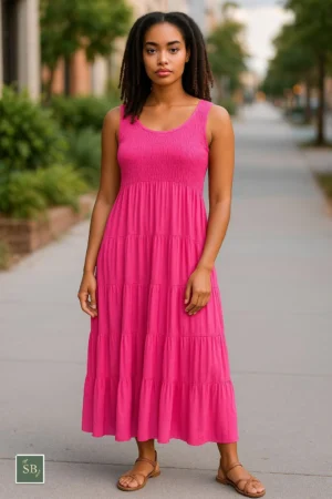 Woman wearing a sleeveless hot pink tiered summer dress on a city street