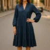 Navy Tiered Flared Sleeve Dress