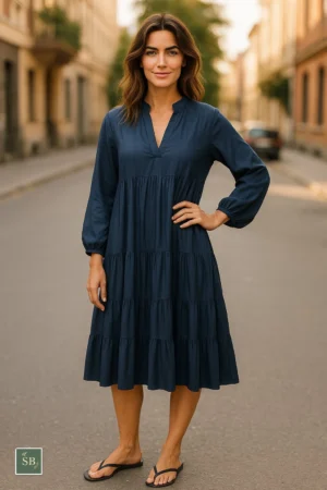 Navy Tiered Flared Sleeve Dress