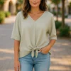 Sage Green Tie-Front V-Neck Top