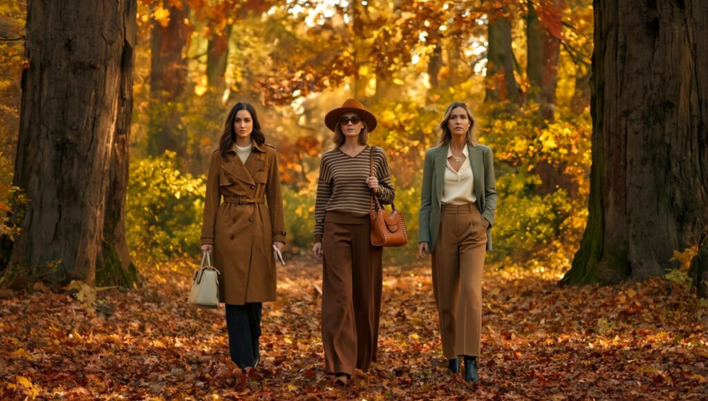 Three stylish women walking through a forest in autumn wearing elegant fashion pieces – SageBay & Co seasonal look