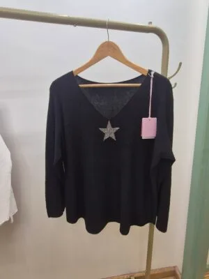 Black V-neck star jumper