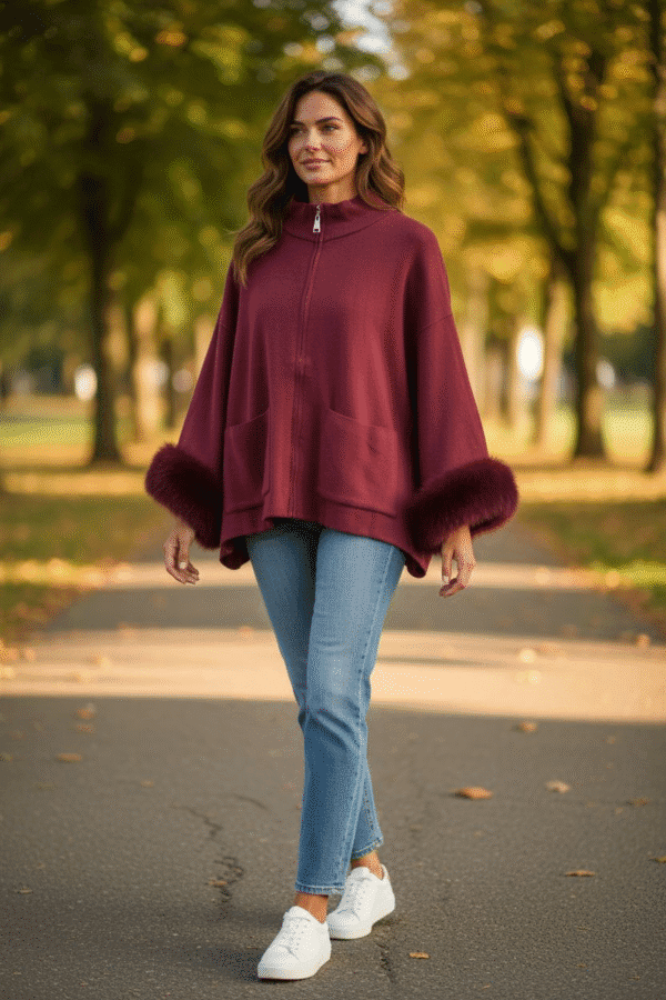Burgandy zip-up cape jacket with faux fur cuffs