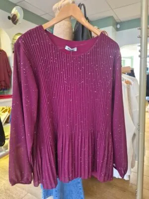 Glitter pleated long sleeve blouse