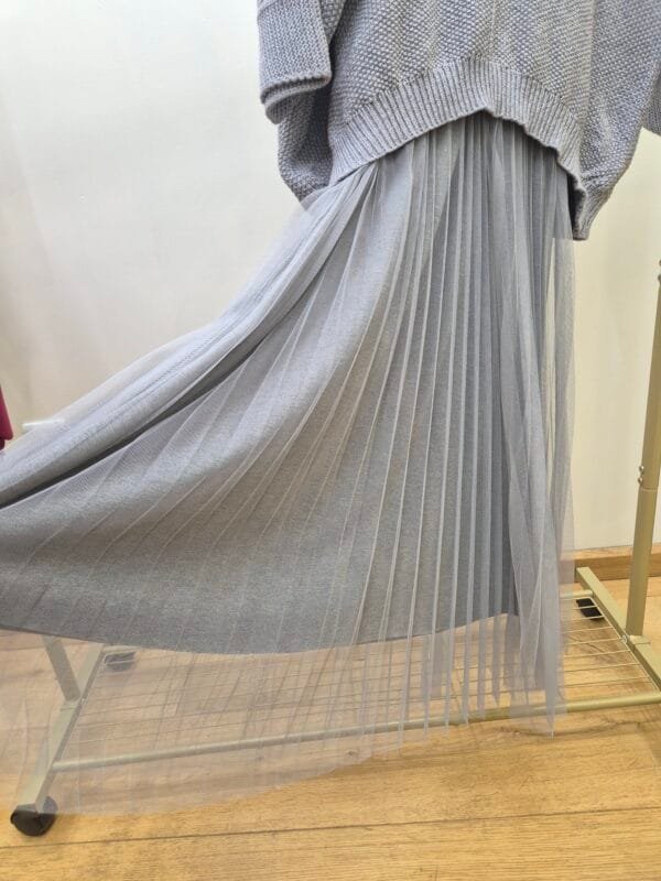 Tulle Dress & Texture Batwing Jumper Set In Grey