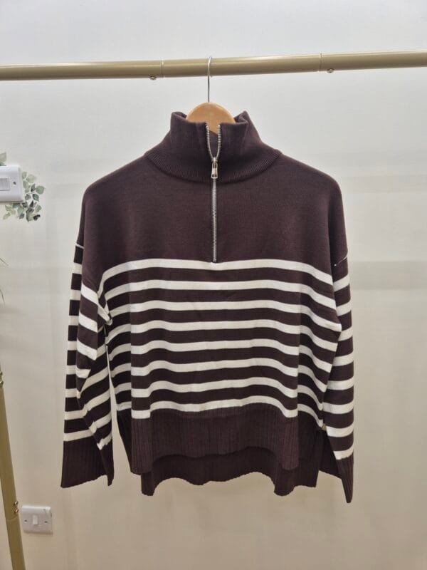 Women’s Brown and White Striped Quarter-Zip Jumper