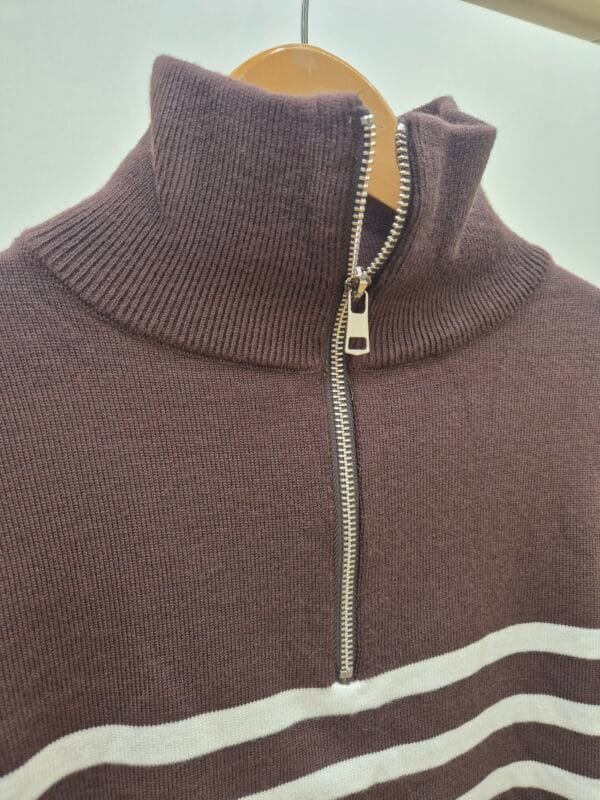 Women’s Brown and White Striped Quarter-Zip Jumper
