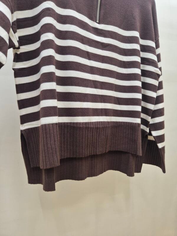 Women’s Brown and White Striped Quarter-Zip Jumper