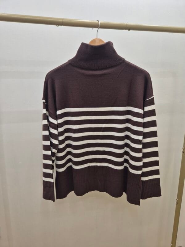 Women’s Brown and White Striped Quarter-Zip Jumper