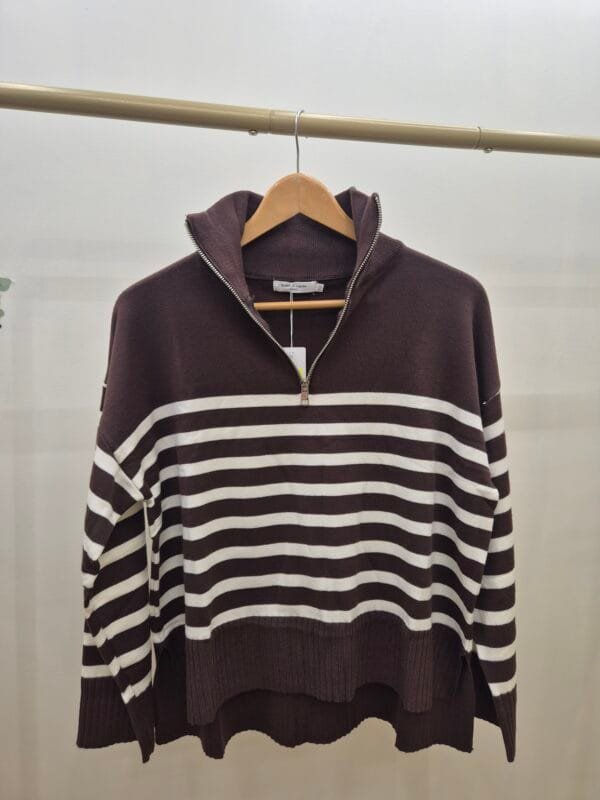 Women’s Brown and White Striped Quarter-Zip Jumper
