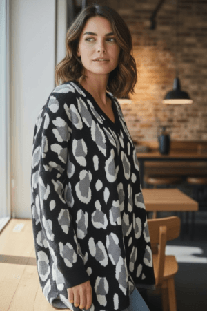 V-Neck Relaxed Grey/Black Leopard Print Jumper