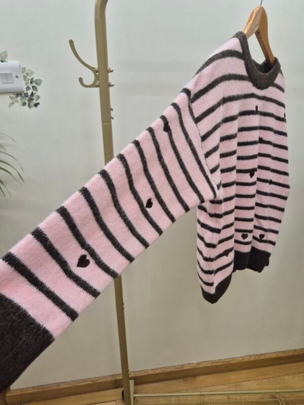 Women’s Light Pink and Brown Striped Knit Jumper with Hearts