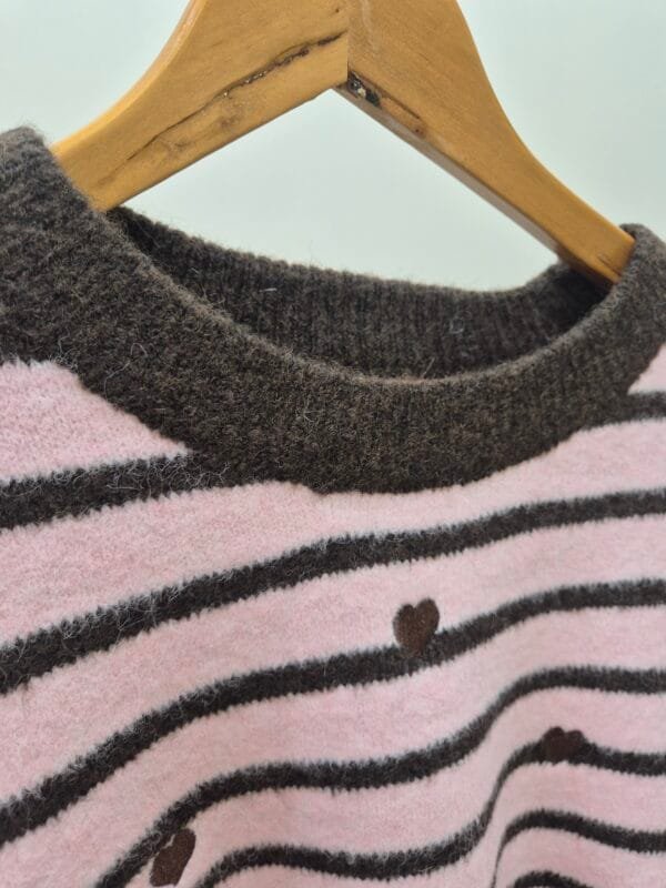 Women’s Light Pink and Brown Striped Knit Jumper with Hearts